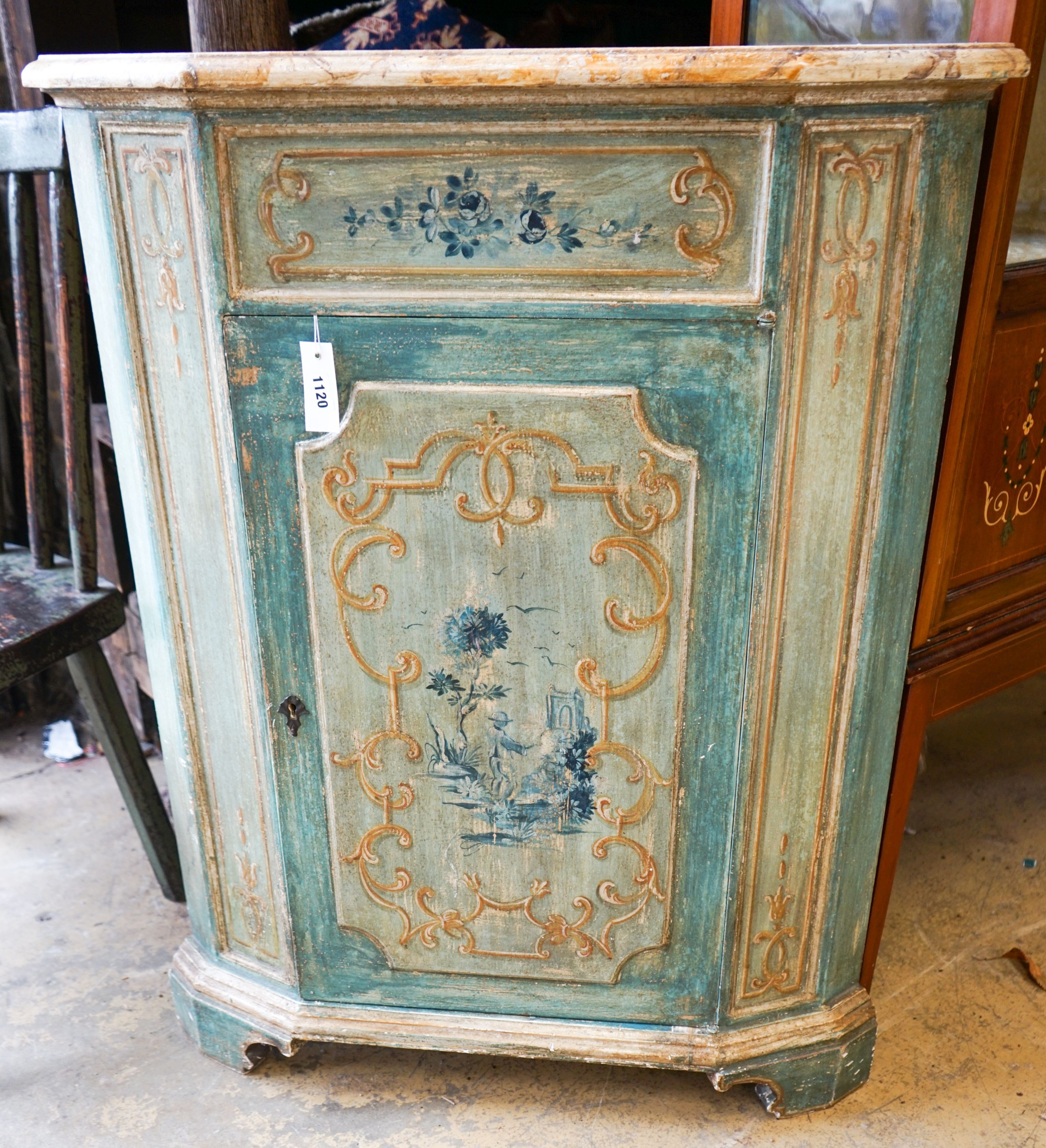 A mid 20th century Italian painted faux marble top corner cabinet, width 78cm, depth 49cm, height 99cm